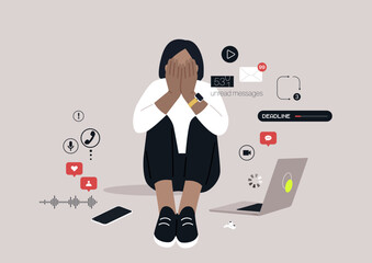 In a contemporary setting, an individual sits on the floor, hands covering their face, surrounded by numerous digital notifications and a laptop, illustrating the weight of constant distractions