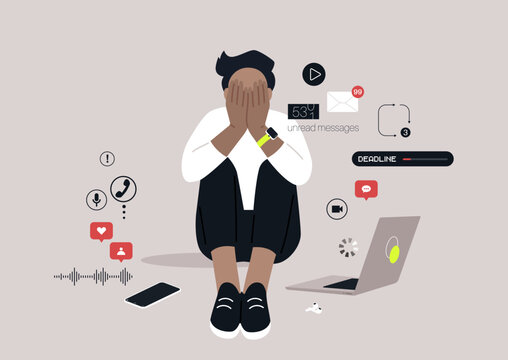 In a contemporary setting, an individual sits on the floor, hands covering their face, surrounded by numerous digital notifications and a laptop, illustrating the weight of constant distractions