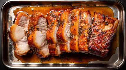 Sliced roasted pork loin or tenderloin with caramelized exterior and white meat in metal roasting pan with herbs and cooking juices