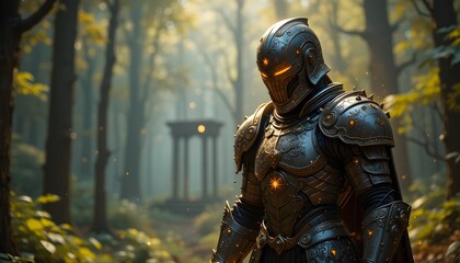 Fototapeta premium Majestic Knight in Ornate Armor Stands Guard in Enchanting Forest