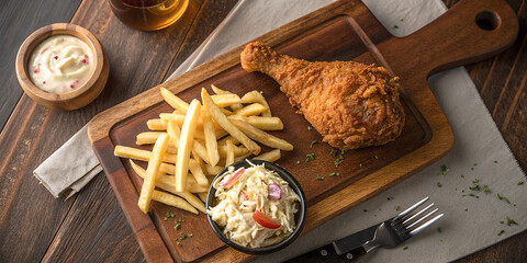 Fried chicken, golden crispy, wooden cutting board, french fries, coleslaw, glass of beer, rustic table, overhead view, warm lighting, comfort food, restaurant setting, gastropub meal, high-contrast, 