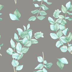 Watercolor eucalyptus leaves in shades of green on a muted gray background. This seamless pattern clipart works perfectly for wallpaper, gift wrap, and nature-inspired digital projects