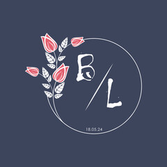 initial monogram wedding with creative circle line flower.