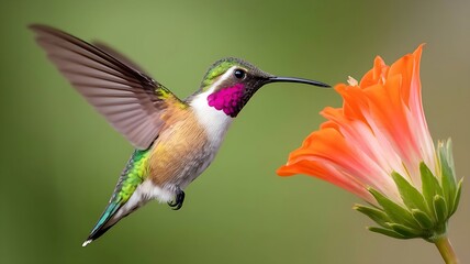 Fototapeta premium Ruby-Throated Hummingbird Hovering Near Flower – Colorful Bird in Motion Perfect for Nature Photography, Garden Wildlife, and Floral Pollination Scene Designs.