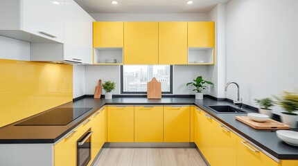 A modern kitchen design featuring yellow cabinetry and black counters