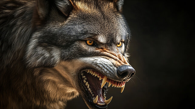 Snarling wild wolf with sharp teeth and intense eyes in forest, close-up animal portrait symbolizing danger, wildlife, survival, and wilderness themes

