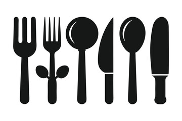 Black Silhouette Cutlery Fork, Spoon, and Knife Icon Set on a Clean White Backdrop
