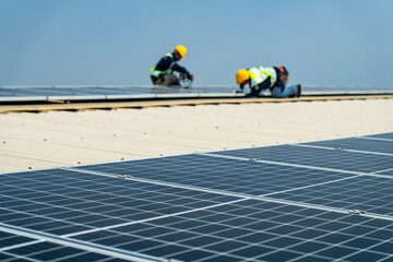 team of professionals installs solar panels, ensuring energy efficiency and sustainable development. The image represents green energy, eco-conscious solutions, and future solar power technology.