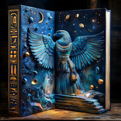 A detailed open book with a sculpted bird and starry background