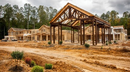 Obraz premium New residential construction site with wooden frames and cloudy sky