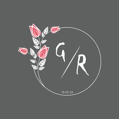 initial monogram wedding with creative circle line flower.