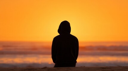 Person in Hoodie Watching Sunset Over the Ocean at Dusk