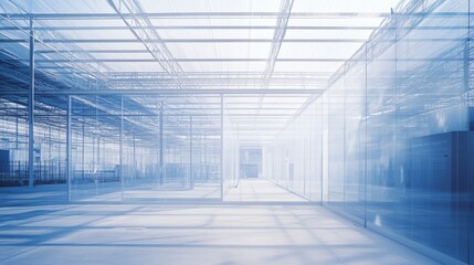 Fototapeta premium A modern architectural space bathed in soft light, with transparent structures creating an ethereal, serene atmosphere.