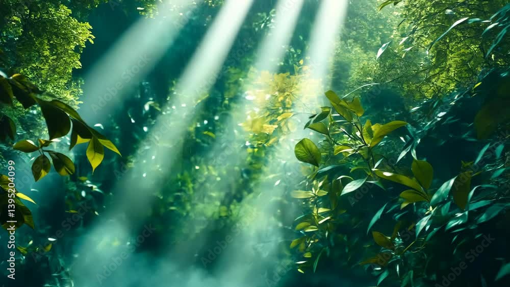 Poster sunbeams filtering through lush, green foliage creating a mystical and serene atmosphere in a forest