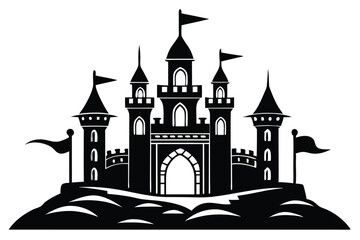 Black Silhouette Castle on Hill with Flags, Turrets, Arches and Fortress Details © Anik