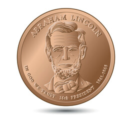 United States one cent or penny, President Abraham Lincoln on obverse. American money. Vector illustration.