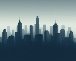 Fototapeta premium A minimalist silhouette of a city skyline, showcasing various skyscrapers in shades of blue and gray against a gradient background.