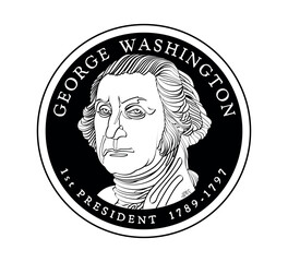 Presidential dollar coin, with first President of the United States George Washington. The coin is depicted in black and white. Vector illustration.