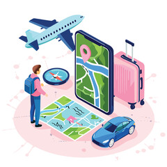 Traveler, tourist searching route, road, location, way on smartphone map. Travel and transportation concept. Isometric vector illustration.