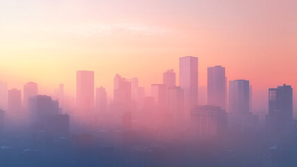 Fototapeta premium Beautiful panoramic view of the city skyline with skyscrapers in the fog at sunrise
