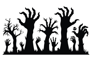 Spooky Black Silhouette of Zombie Hands & Bare Trees, Isolated on White Background