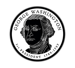 Presidential dollar coin, with first President of the United States George Washington. The coin is depicted in black and white. Vector illustration.
