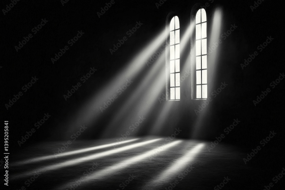 Poster a dimly lit room features two tall windows casting beams of light on the floor, creating a mystical 