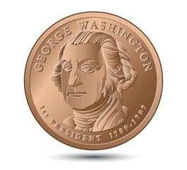 Presidential dollar coin, with first President of the United States George Washington. Vector illustration.