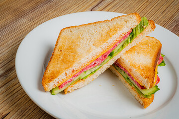 Perfectly toasted sandwich featuring layers of vegetables and savory meat, presented with care