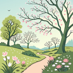 Fototapeta premium Soft Pastel Illustration of Spring Morning Landscape
