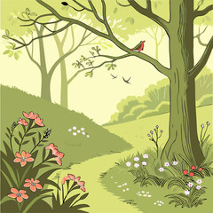 Vector Spring Illustration of Cherry Trees in Bloom