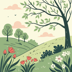 Romantic Spring Garden with Flowers and Birds