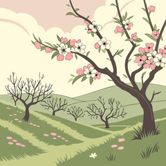 Fresh Spring Field with Blooming Flowers and Bushes


