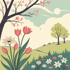 Blooming Orchard in Spring with Soft Pastel Background