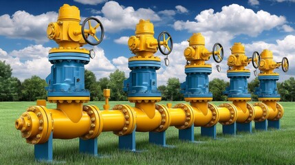 Industrial valves in a row with blue and yellow colors against a cloudy sky