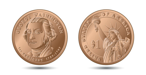Presidential dollar coin, with first President of the United States George Washington on obverse and Statue of Liberty on reverse. American money. Vector illustration.