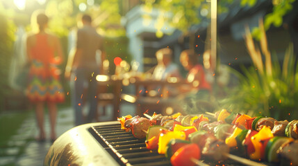 Shashlik of vegetables and meat at barbeque party closeup image, ai generated