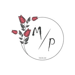 initial monogram wedding with creative circle line flower.