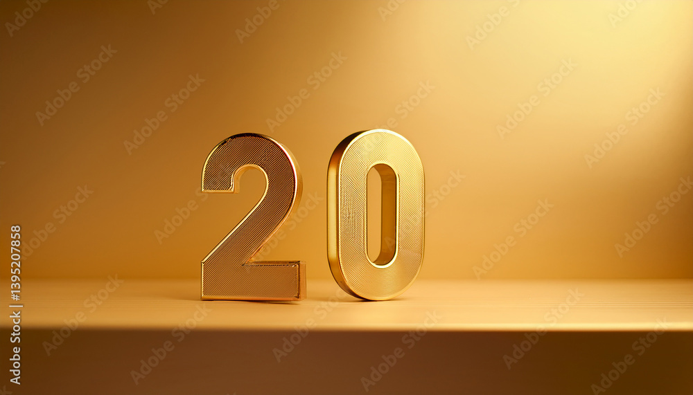 Poster golden number 20 twenty on golden background with gradient and copy space. 3d rendering.