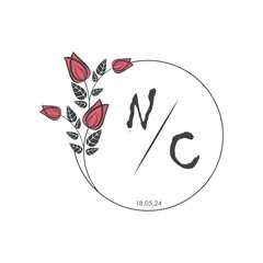 initial monogram wedding with creative circle line flower.