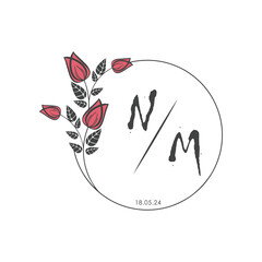 initial monogram wedding with creative circle line flower.