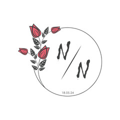 initial monogram wedding with creative circle line flower.