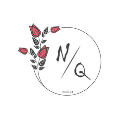initial monogram wedding with creative circle line flower.