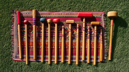 Naklejka premium Tent stakes, guylines, and mallet arranged on grass mat
