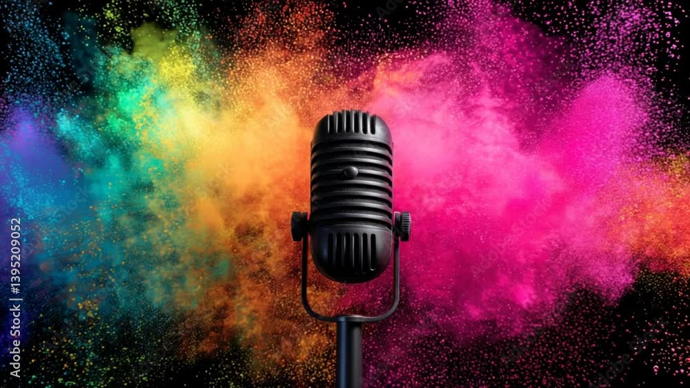 Poster colorful podcast microphone with vibrant splashes in the background generative ai