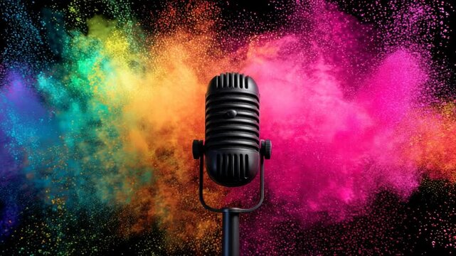 Colorful Podcast Microphone With Vibrant Splashes in the Background Generative AI
