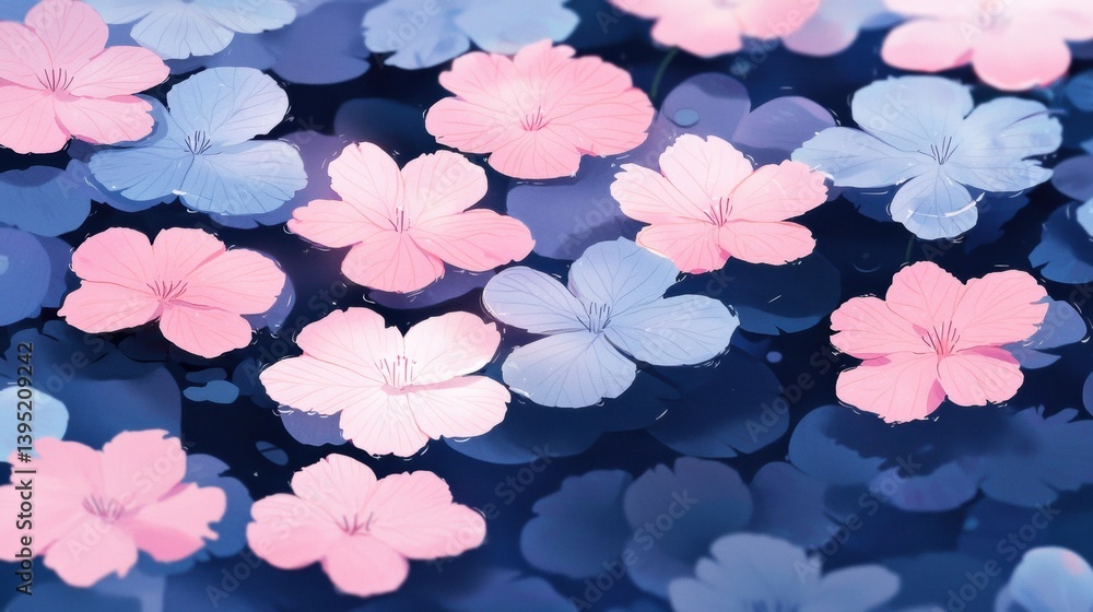 Aufkleber a serene pattern of delicate pink and blue flowers floating on a tranquil surface, creating a soothi