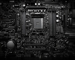 Fototapeta premium A close-up view of a black circuit board featuring intricate details, showcasing electronic components and connections.