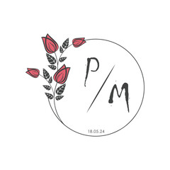 initial monogram wedding with creative circle line flower.