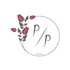 initial monogram wedding with creative circle line flower.